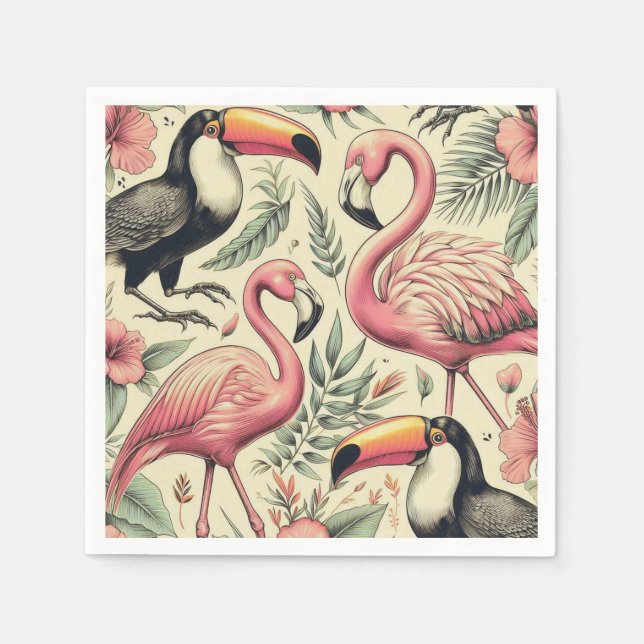 Vintage Flamingo und Toucan Nahtlos Serviette (Vorderseite)