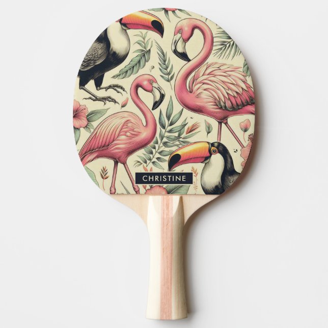 Vintage Flamingo und Toucan Nahtlos Tischtennis Schläger (Vorderseite)
