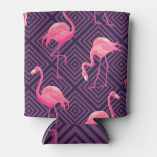 Vintage Flamingos, lila geometrischer Hintergrund. Dosenkühler