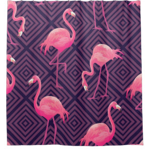 Vintage Flamingos, lila geometrischer Hintergrund. Duschvorhang
