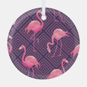 Vintage Flamingos, lila geometrischer Hintergrund. Ornament Aus Glas