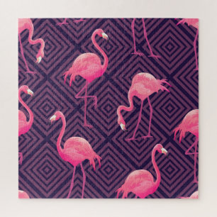 Vintage Flamingos, lila geometrischer Hintergrund. Puzzle
