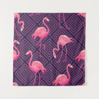Vintage Flamingos, lila geometrischer Hintergrund.
