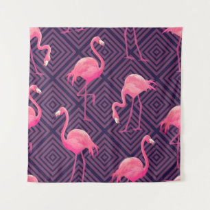 Vintage Flamingos, lila geometrischer Hintergrund. Wandteppich