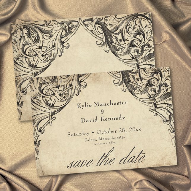 Vintage-Fledermaus-bis-zu-Tode-schwarze-Pergament- Save The Date (Vintage Bat Until Death Black Parchment Photo Save The Date)
