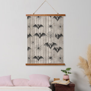 Vintage Fledermäuse und Spinnennetze auf gestreift Wandteppich Mit Holzrahmen