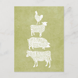 Vintage-Fleischteile-Rind-Schwein-Hähnchen-Kunst Postkarte