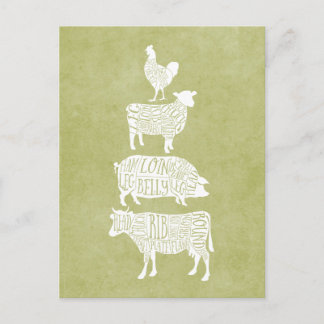 Vintage-Fleischteile-Rind-Schwein-Hähnchen-Kunst Postkarte