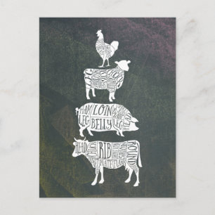 Vintage-Fleischteile-Rind-Schwein-Hähnchen-Kunst Postkarte