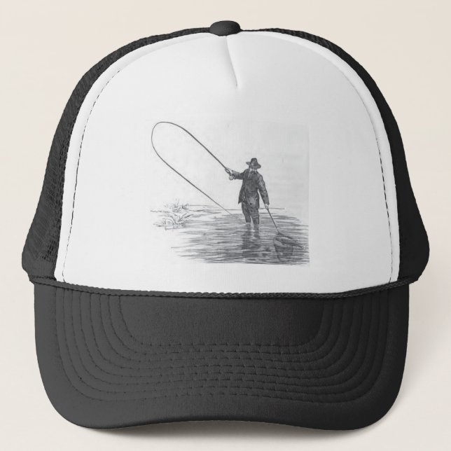 Vintage Fliegen-Fischen-Kunst-Baseballmütze Truckerkappe (Vorderseite)