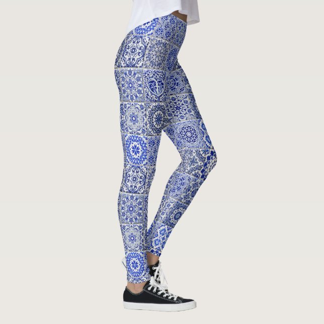 Vintage Fliesen Blau / Weiße Landküche Stil Leggings (Rechts)
