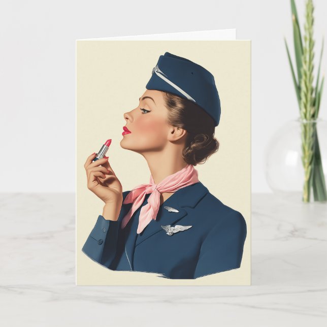 Vintage Flight Attendant Applying Lipstick Karte (Vorderseite)