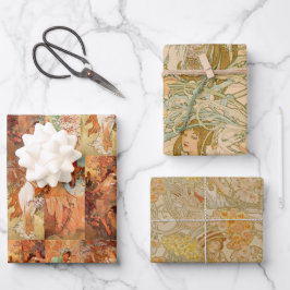 Vintage Flora Alphonse Mucha Art Nouveau Brown Geschenkpapier Set