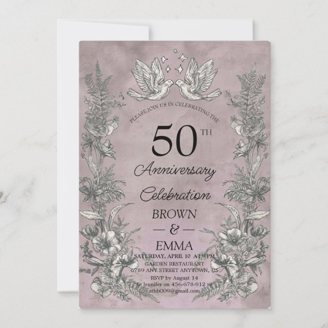 Vintage Floral 50th Wedding Anniversary Invitation Einladung (Vorderseite)