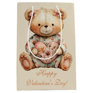 Vintage Floral Bear With Heart Valentine's Day Mittlere Geschenktüte