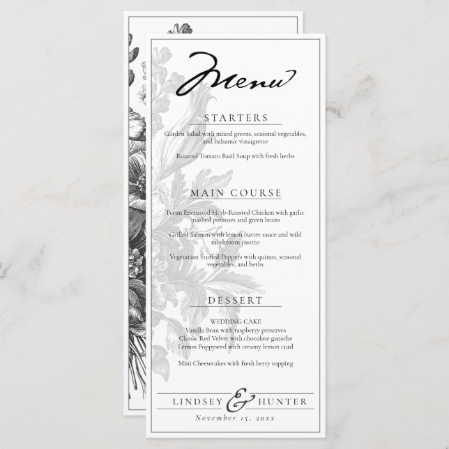Vintage Floral Black & White Romantic Wedding Menükarte (Vorne/Hinten)