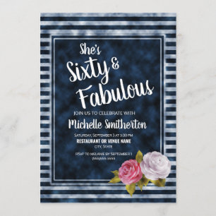 Vintage Floral Blau Weiß Streifen 60. Geburtstag Einladung