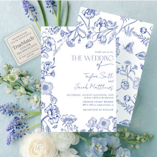 Vintage Floral Blau-weiße Kalligrafie-Hochzeit Einladung