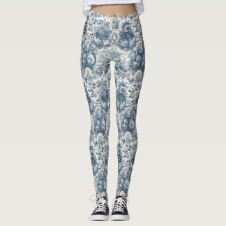 Vintage floral Blue toile de jouy monogram Leggings