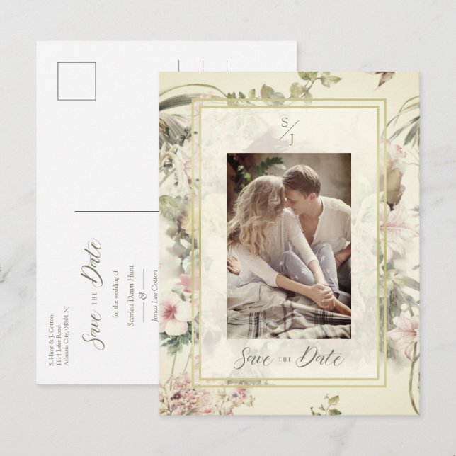 Vintage Floral Botanical Custom Photo Wedding Ankündigungspostkarte (Vorne/Hinten)