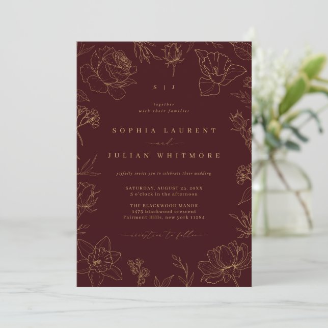 Vintage Floral Burgundy & Gold Garden Wedding Einladung (Stehend Vorderseite)