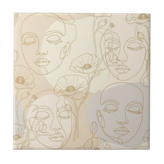 Vintage Floral Face Line Pattern (1) Fliese (Vorderseite)