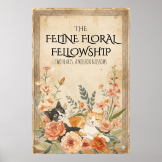 Vintage Floral Feline Cottagecore Botanical Art Poster