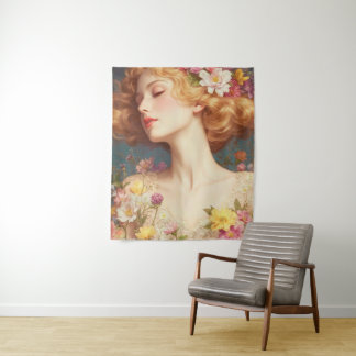 Vintage Floral Goddess Portrait Wandteppich