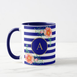 Vintage Floral Gold Monogram Navy Strip Tasse