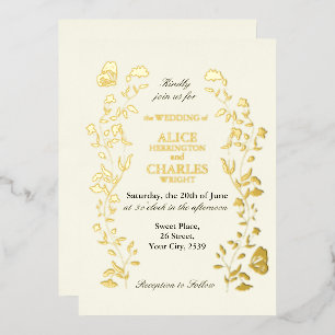 Vintage Floral Gold und Creme Hochzeit Folieneinladung