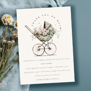 Vintage Floral Grün Blush Kinderwagen Baby-Party Dankeskarte