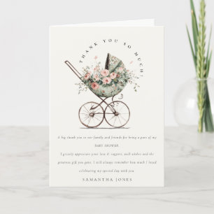 Vintage Floral Grün Hauch Kinderwagen Baby Shower Dankeskarte