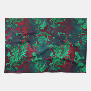 Vintage Floral  Helles Burgunderrot Smaragdgrün Geschirrtuch