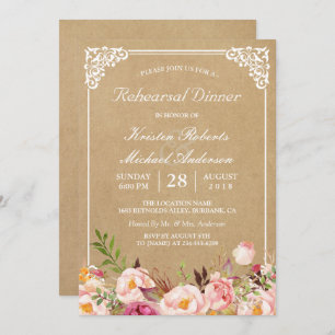 Vintage floral Kraft   Hochzeitsessen Probe Einladung