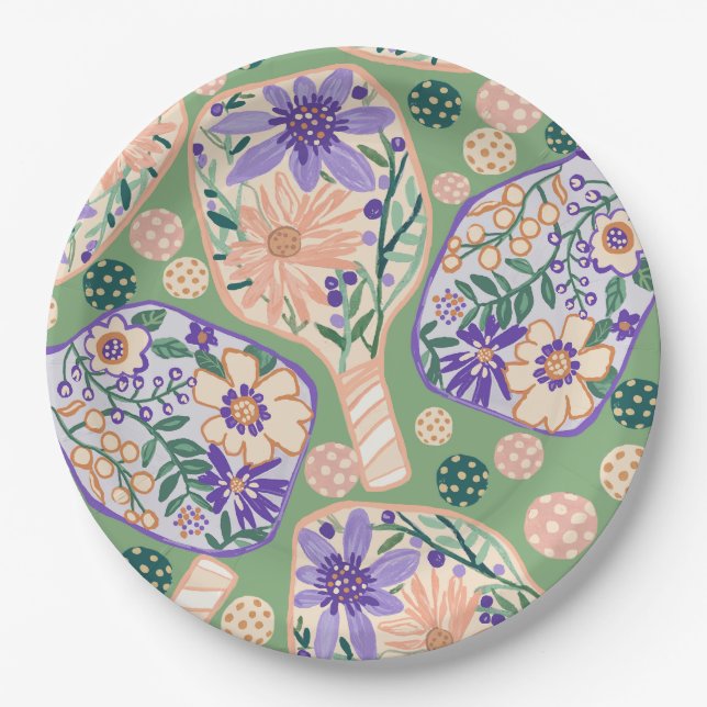 Vintage Floral Pickleball Design Pappteller (Vorderseite)