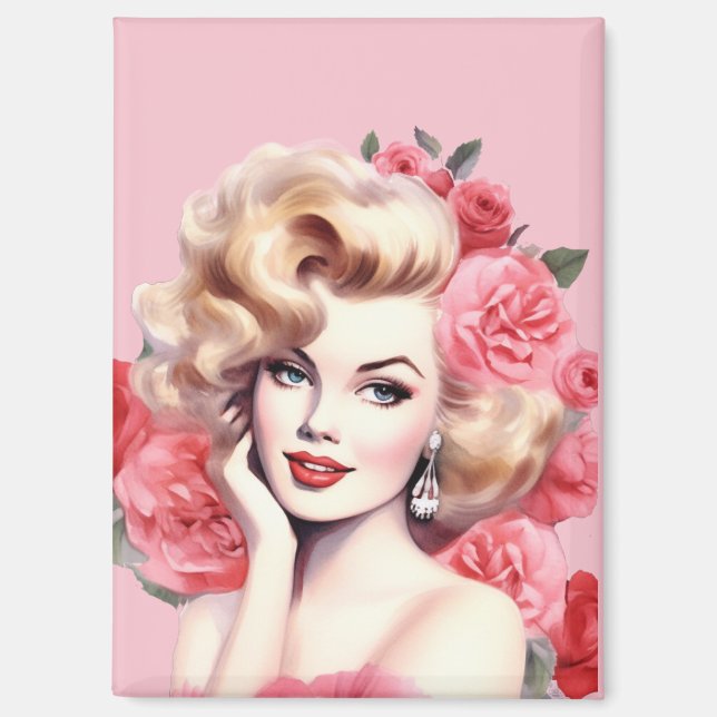 Vintage Floral Pin-Up Magnet – Blossom Marie (Vorderseite)