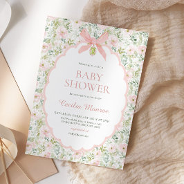 Vintage Floral Pink Bow Girl Baby Shower Einladung