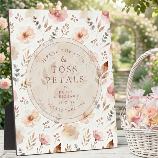 Vintage Floral PInk Shades Toss Petals TLW26 Fotoplatte (Vintage Floral Pink Watercolor Effect Toss Petals Wedding Sign.)
