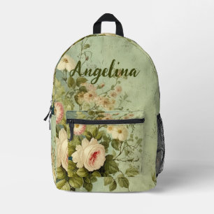 Vintage Floral Rose Grünzeug Bedruckter Rucksack