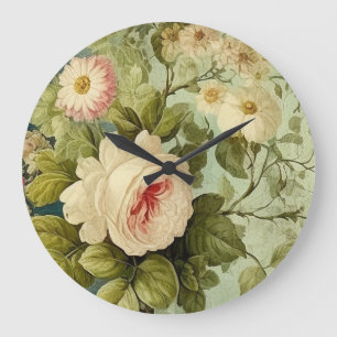 Vintage Floral Rose Grünzeug Große Wanduhr