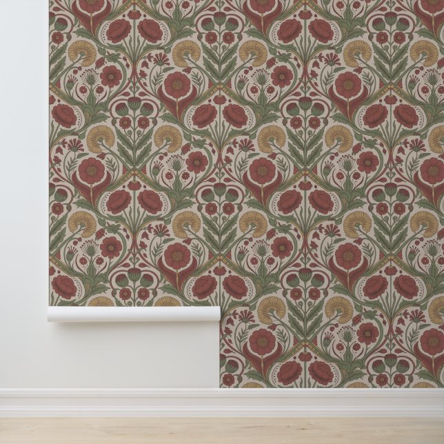 Vintage Floral Rot Grün Boho Chic Tapete (Anwendung)
