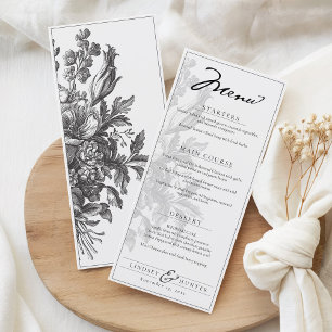 Vintage Floral Schwarz-Weiß Romantische Hochzeit Menükarte