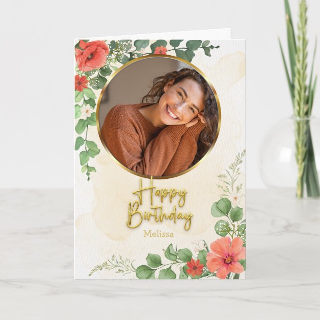 Vintage  Floral Script Circle Photo Birthday Karte (Vorderseite)