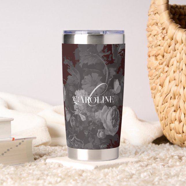 Vintage Floral Still Life Artistic Burgundy Thermobecher (Wohnzimmer (gedreht))