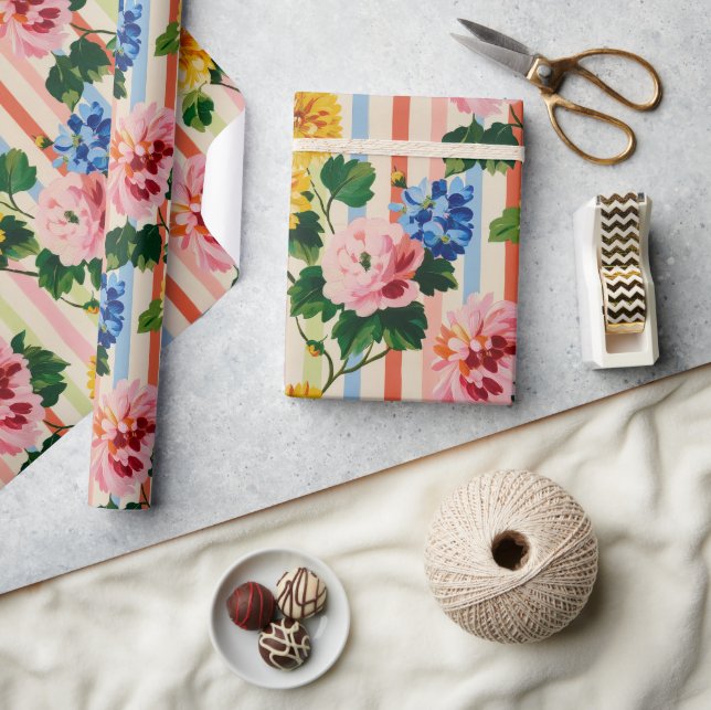 Vintage Floral Stripe Geschenkpapier (Kunsthandwerk)