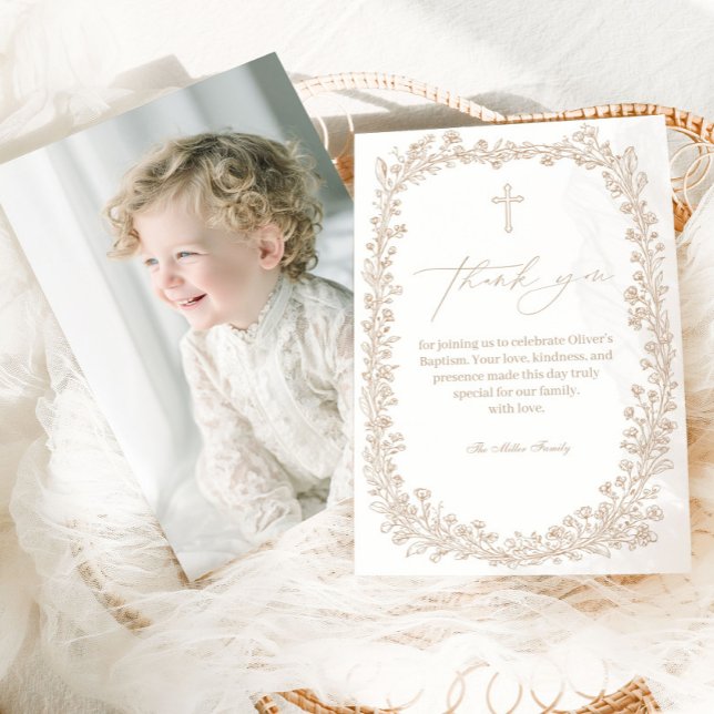 Vintage Floral Toile Baptism Dankeskarte (Von Creator hochgeladen)