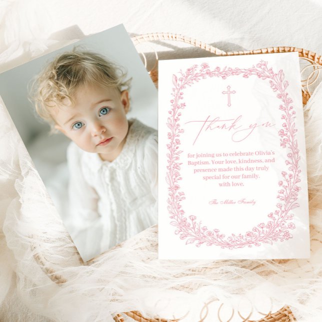 Vintage Floral Toile Baptism Girl Dankeskarte (Von Creator hochgeladen)