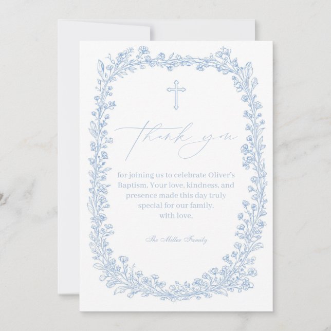Vintage Floral Toile Light Blue Baptism Dankeskarte (Vorderseite)