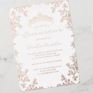 Vintage Floral Weiße Rose Goldene Quinceanera Folieneinladung