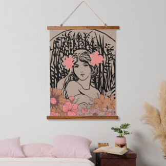 Vintage Floral Woman Wandteppich Mit Holzrahmen